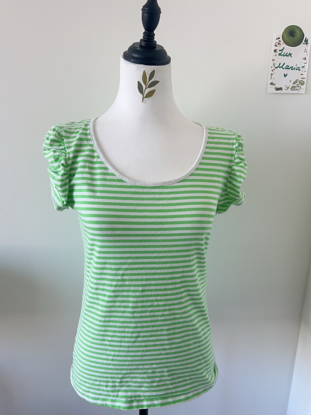 Y2K Fishbone Green & White Striped Puff Sleeve Scoop Neck Top XL